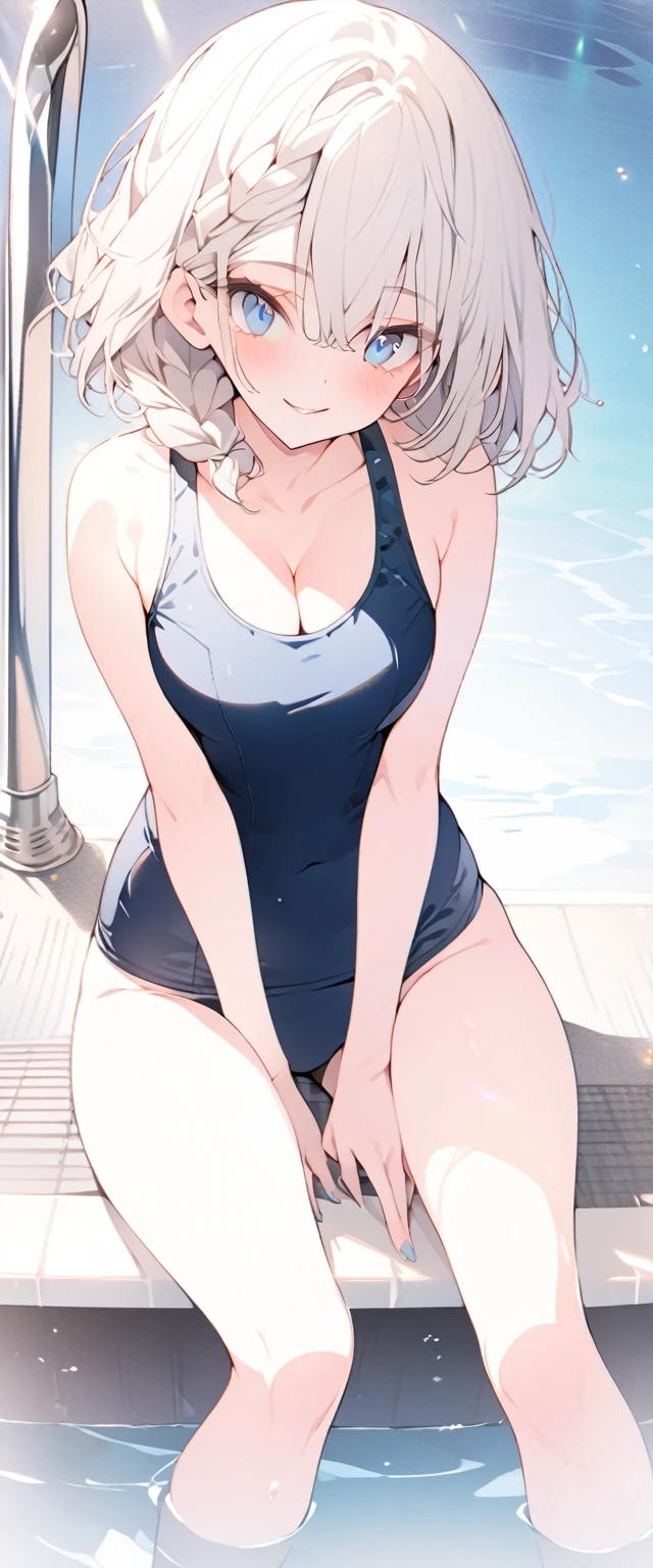 beautiful, masterpiece, Highest quality, anime, One girl,Portrait Shot, View your viewers, Covered、Short Hair、nearby、Blue Eyes、art、White hair,black streaked hair、Thighs、Braid、Bright、smile、Cleavage、 Old school swimsuit、Poolside、Diving board、Sit down