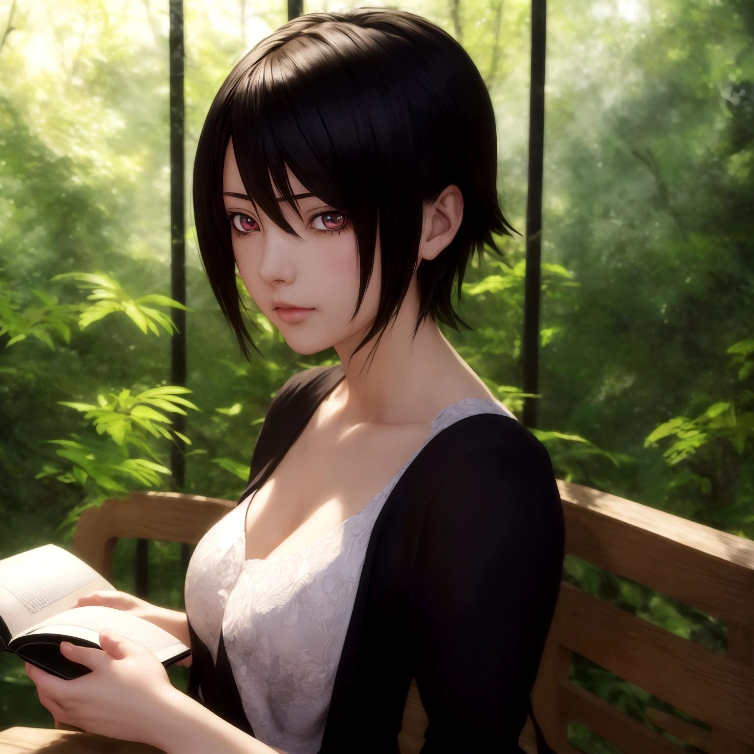 A beautiful anime girl sitting on a bench in a lush forest, reading a book, (beautiful detailed eyes, beautiful detailed lips, extremely detailed eyes and face, long eyelashes), (masterpiece, best quality, 8k, ultra-detailed, hyperrealistic, photo-realistic, intricate details, vivid colors, studio lighting), (soft lighting, natural lighting, warm lighting), (anime, digital art, 3d render, concept art), (new wave anime, slice of life, cinematic), (Shinkai Makoto, Cyril Rolando, Shinkai Makoto art style), (Shinkai Makoto, by Shinkai Makoto, Shinkai Makoto style)