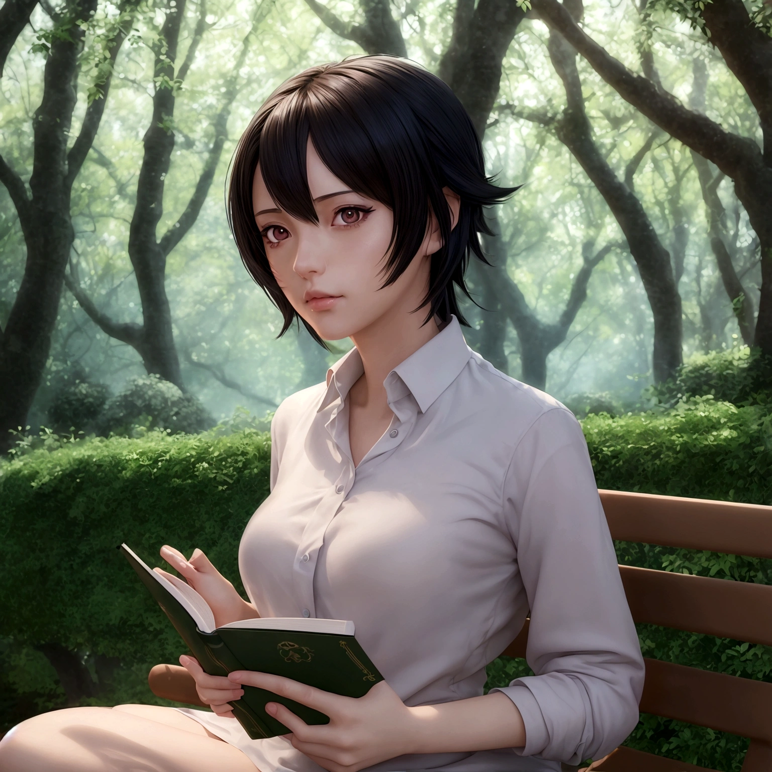 A beautiful anime girl sitting on a bench in a lush forest, reading a book, (beautiful detailed eyes, beautiful detailed lips, extremely detailed eyes and face, long eyelashes), (masterpiece, best quality, 8k, ultra-detailed, hyperrealistic, photo-realistic, intricate details, vivid colors, studio lighting), (soft lighting, natural lighting, warm lighting), (anime, digital art, 3d render, concept art), (new wave anime, slice of life, cinematic), (Shinkai Makoto, Cyril Rolando, Shinkai Makoto art style), (Shinkai Makoto, by Shinkai Makoto, Shinkai Makoto style)