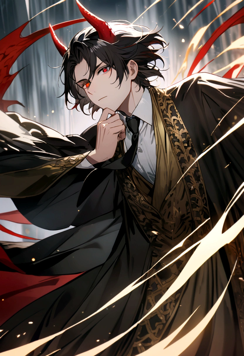 The man has black hair, gray and red eyes, has red dragon ears, wears a white shirt and wears a black tie Edged with a gold colored robe, wears a black robe Has no horns, one eye color is gray and one is red