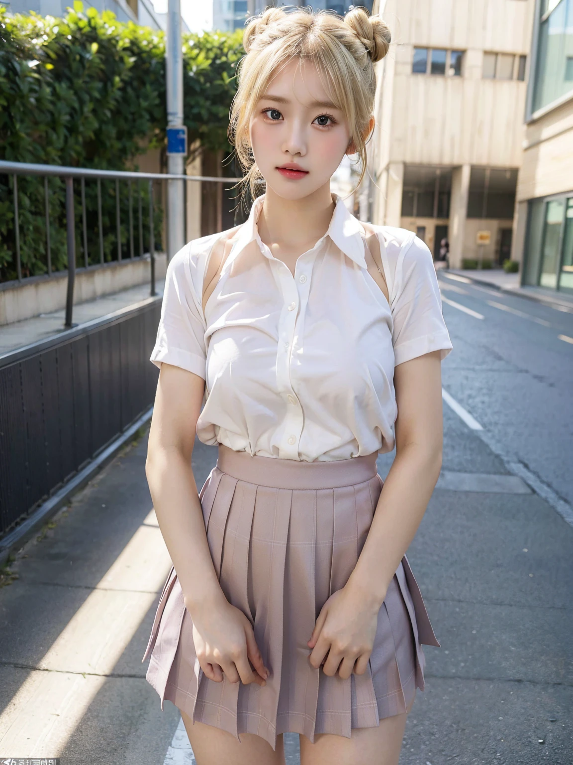 (masterpiece, best quality, high quality, realistic), (1girl, solo, standing, straight-on, head to thigh, embarrassed, blush), (double bun, blonde hair), (nsfw), (school uniform, open shirt, , nipplesmless, pussy)