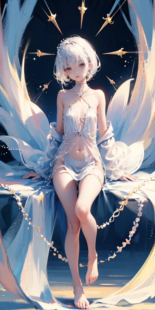 A girl、symmetry,Daughter,whole body female love,Put your hands together and bloom,(Very detailed:1.1),((small :1.2))、The eyes are well drawn、Charming eyes、Double tail、Wear jewelry and pearls around your neck,Transparent openwork、Deep V、Crystal Pearls、在Wear jewelry and pearls around your neck,white hair, show your thighs, Bare shoulders, Show clavicle, Yao Liu, barefoot,((whole body))、painful posture