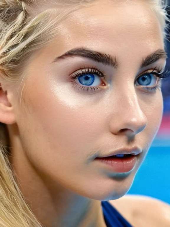 allemande, aux yeux bleus perçants, et longs cheveux blonds flottants entrain de faire du sport