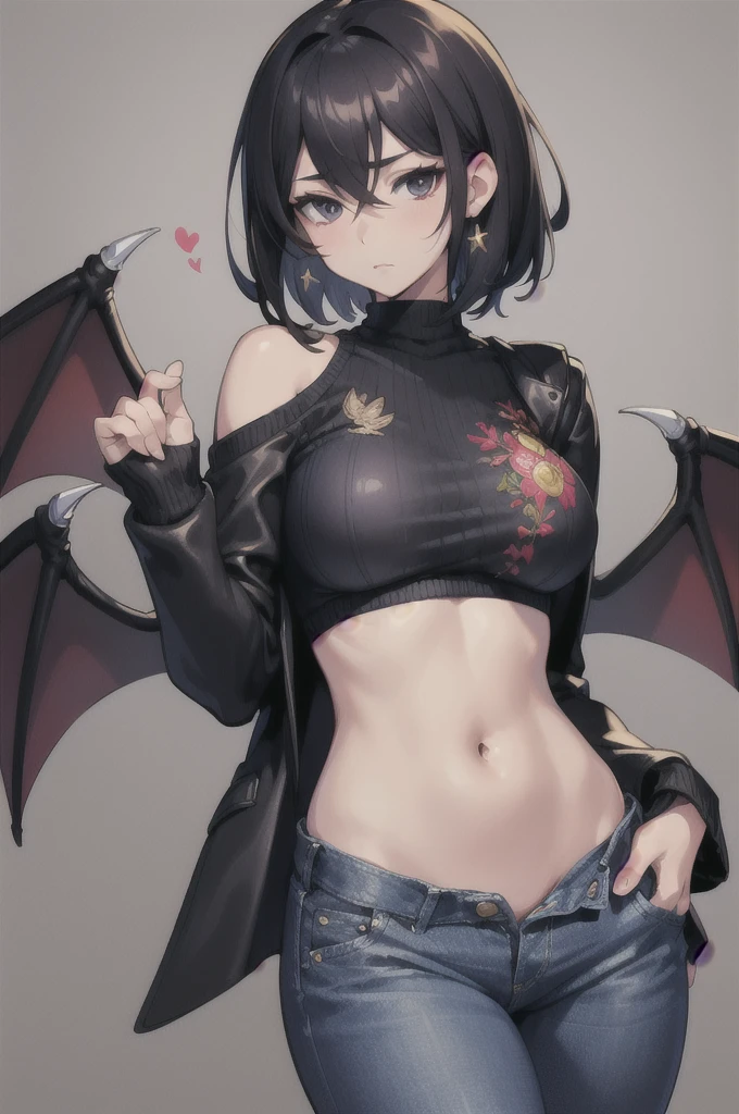 masterpiece, high quality,1girl,solo,middle breast , short hair, (hair between eyes),(00BFFE pixie cut), Bat wings, Disappointed face,(Embroidered sweater, Cropped flare jeans, Leather blazer)