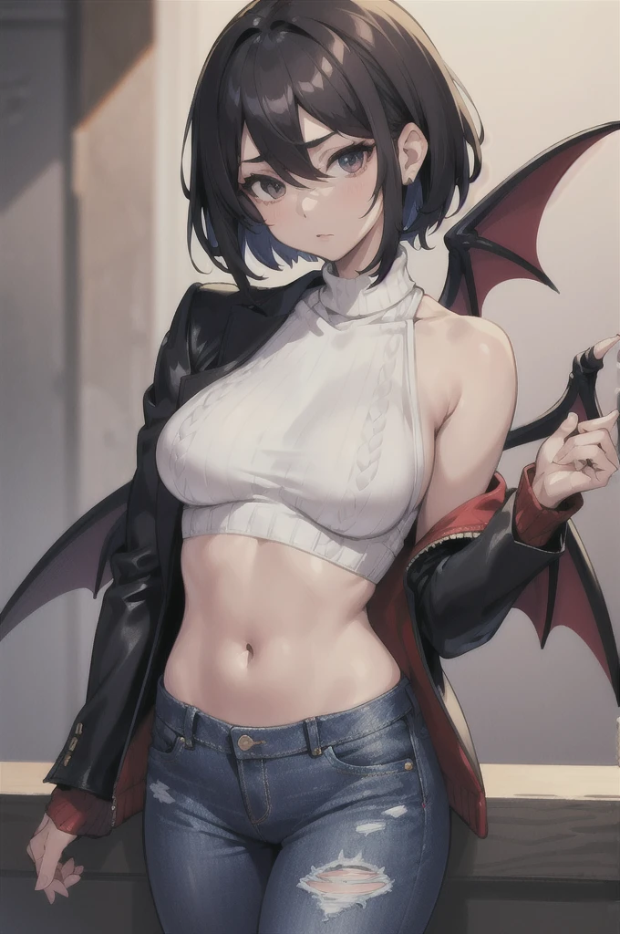 masterpiece, high quality,1girl,solo,middle breast , short hair, (hair between eyes),(00BFFE pixie cut), Bat wings, Disappointed face,(Embroidered sweater, Cropped flare jeans, Leather blazer)