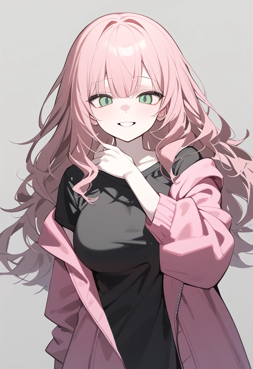 1 girl, alone, adolescent, pink fur, broad, messy hair, wavy coat, long bangs, pale skin, green eyes, big breasts, large eyes, big open smile, stoic, standing, (Long black t-shirt, pink jacket), (Gray background, simple background), Upper part of the body, Masterpiece, Best Quality, dynamic angle, Hand extended to the Viewer 