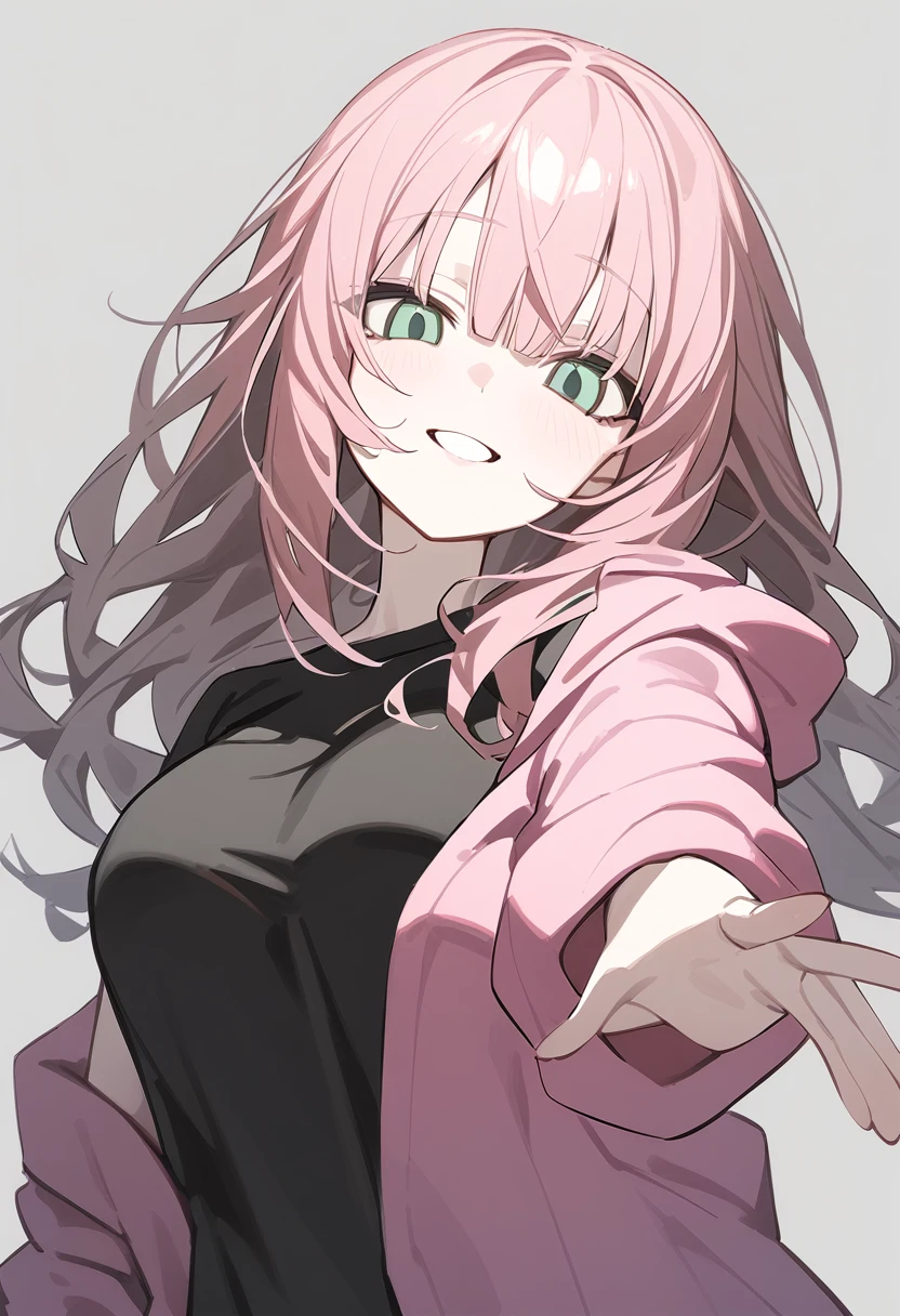 1 girl, alone, adolescent, pink fur, broad, messy hair, wavy coat, long bangs, pale skin, green eyes, big breasts, large eyes, big open smile, stoic, standing, (Long black t-shirt, pink jacket), (Gray background, simple background), Upper part of the body, Masterpiece, Best Quality, dynamic angle, Hand extended to the Viewer 