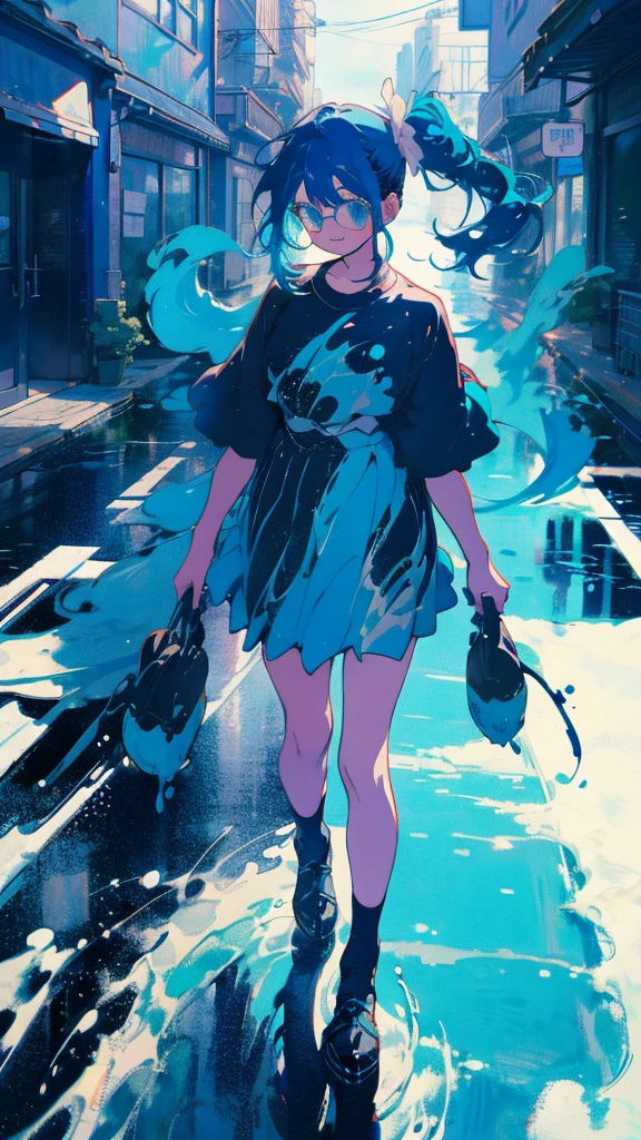 Blue-haired side ponytail,Design clothing,Seven-doppelganger shot,Anime style 4K,Anime girl with teal hair,High quality anime art style,Standing painting,Splash ink background,Blue Themes、Pure white background,Buildings,Walking the Streets,Fuji Mountain