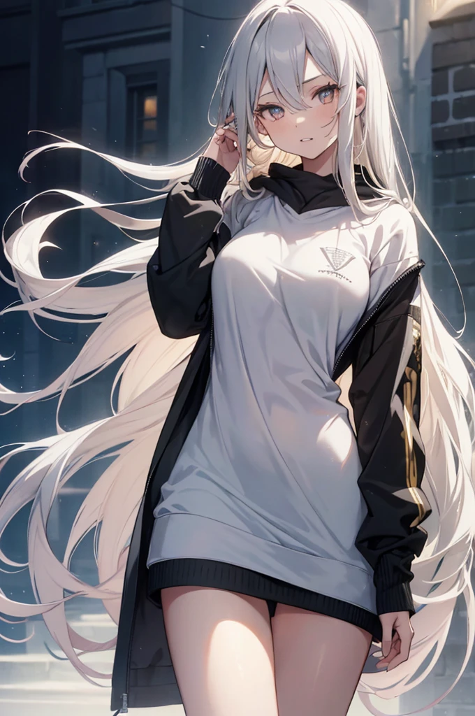 1girl, {Solitary}, Upper Body ,{{ {Watching at viewer}}}, Arms at your sides, Concept Art, white Background, simple Background, White hair, Silver gradient hair , Composite cloth, Asymmetrical clothes, Virtual YouTuber, best quality, masterpiece, Dynamic Angle, , cowboy_shooting, Watching_Back, grab, girl,Miss,woman, young,20 years old, Very long hair, Hair Flip, Silver Hair, Flowing hair, Ahog, giggle, Beautiful and delicate golden eyes, teeth, Large Breasts, Blonde eyes, White skin, hoodie, Black_shorts, Gray clothes, transparent_Background, Backlighting, absurd, high resolution, Extremely detailed,sweater,No pants
