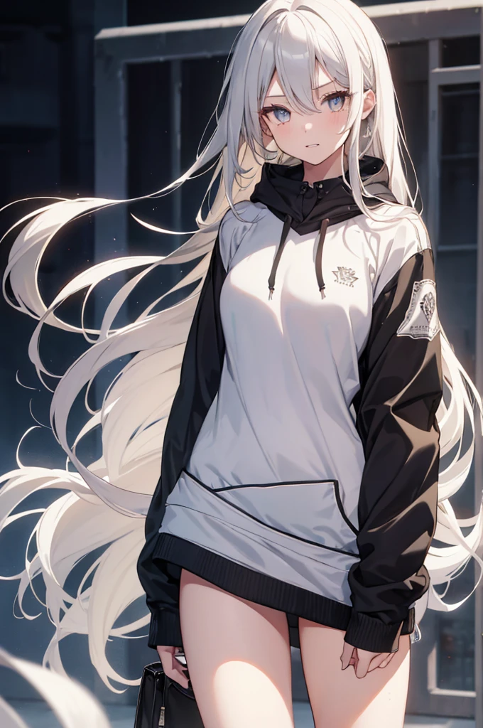 1girl, {Solitary}, Upper Body ,{{ {Watching at viewer}}}, Arms at your sides, Concept Art, white Background, simple Background, White hair, Silver gradient hair , Composite cloth, Asymmetrical clothes, Virtual YouTuber, best quality, masterpiece, Dynamic Angle, , cowboy_shooting, Watching_Back, grab, girl,Miss,woman, young,20 years old, Very long hair, Hair Flip, Silver Hair, Flowing hair, Ahog, giggle, Beautiful and delicate golden eyes, teeth, Large Breasts, Blonde eyes, White skin, hoodie, Black_shorts, Gray clothes, transparent_Background, Backlighting, absurd, high resolution, Extremely detailed,sweater,No pants