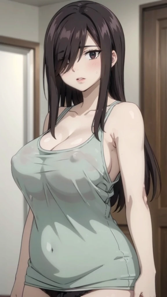 Cute mommy,busty mature women,plump, chubby, fat,realistic skin, tanktop see through nipple,realistic breast, saggy breast, nipple out,muted colours, cold lighting, pale white skin, mature women,black hair, long hair, (hair over one eye:1.4), Messy hair,straight hair,hair between eyes ,sleepy eyes ,beautiful,pucker lips,smeared lipstick,charm,pubic hair pussy,dense pubic hair, cute shy blush on