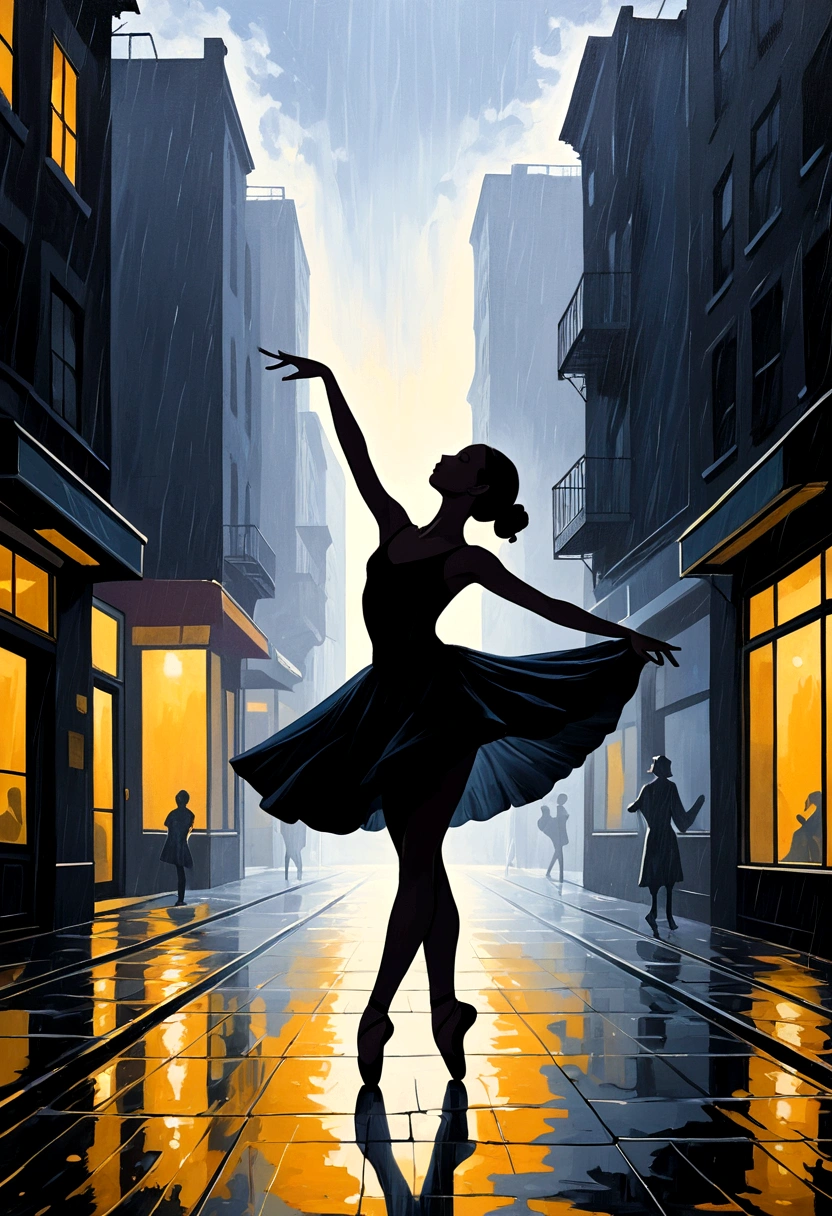 Soul Dancer Mark，tramp，Street Dancer，Silhouette，Particle oil painting，Elegant ballet dancer，Real light，The third rule of composition，Clear outline，Structured，Minimalism，artistic conception，Leave blank for rain，