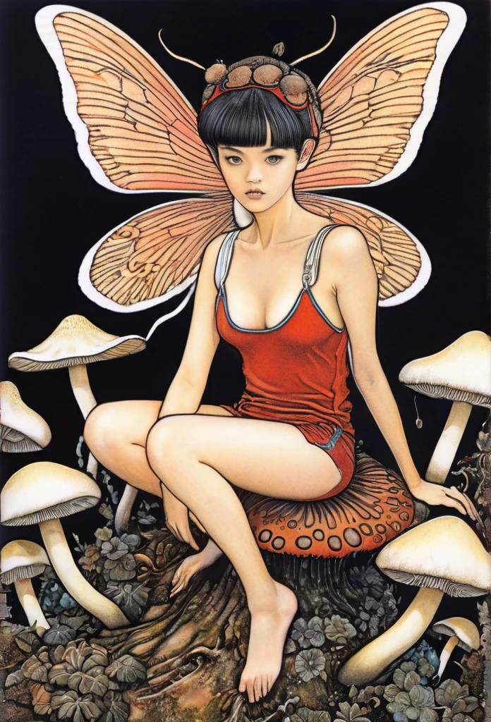 horror painting , in the style of  takato yamamoto, style of Ravi Zupa, super cute pixie,sitting on a mushroom [ hyperdetailed trippy mushroom], [hyperdetailed and hyperrealistic], fantasy real,[breath taking place], dressed in nomad clothing,clever and stylish ,pixie's wings