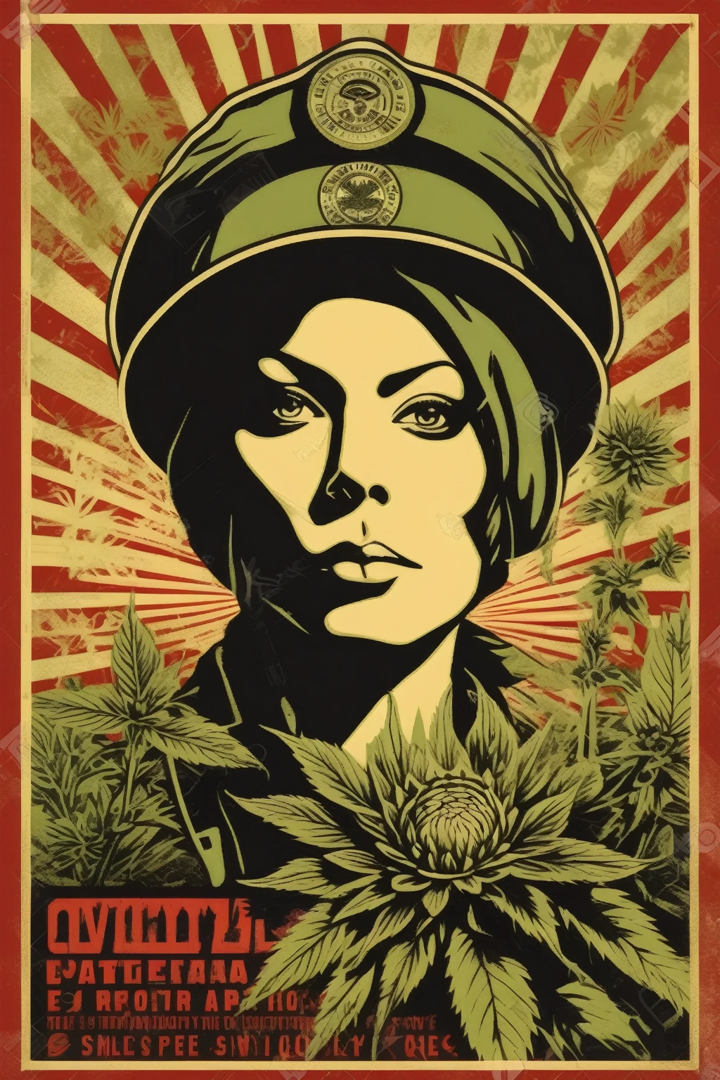 Shepard Fairey Style - a single color image of a URBAN LEGENDS AUTOMATICS collective weed farmer