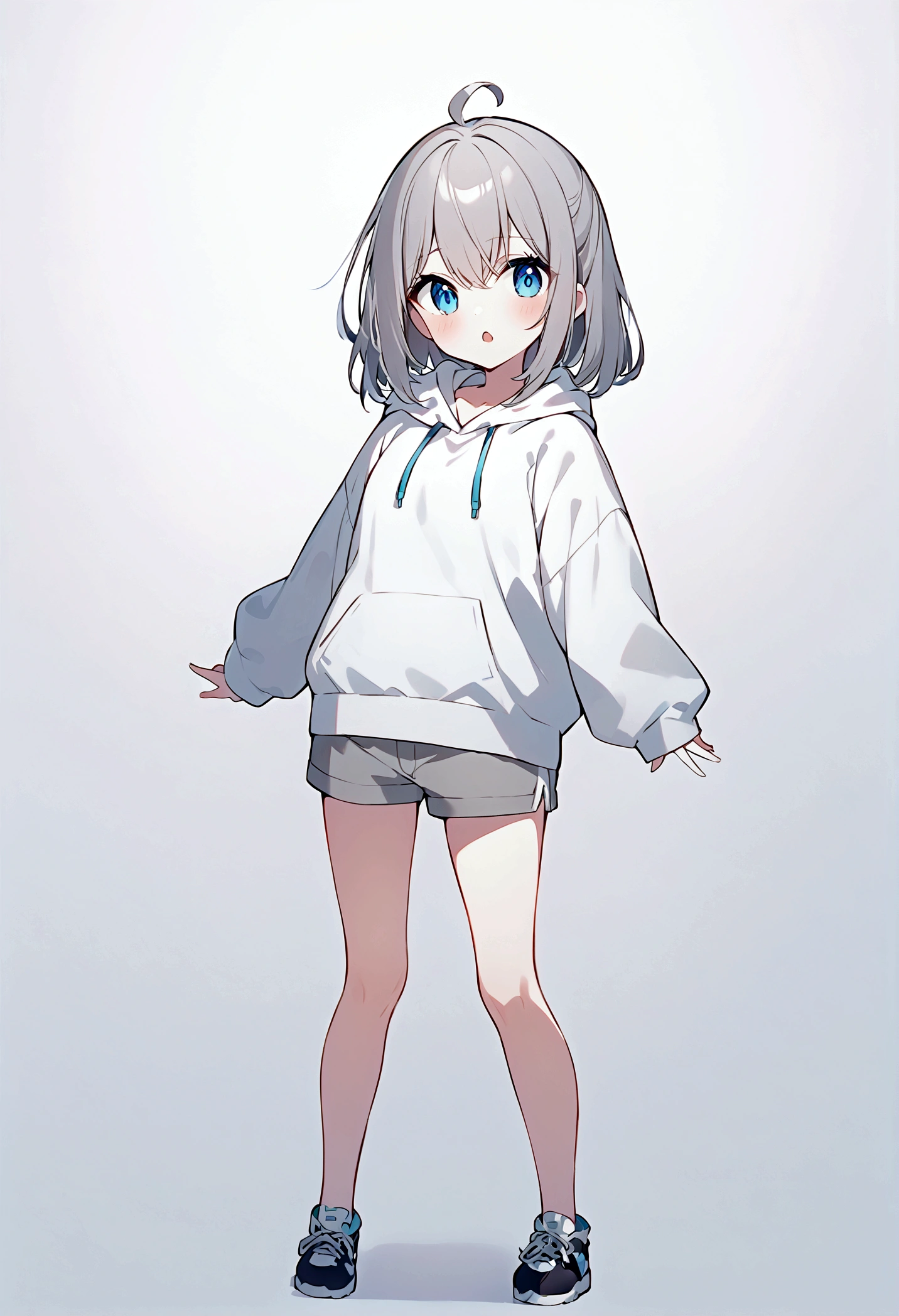 girl,Gray Hair,Blue Eyes,White hoodie,Grey shorts,whole body,front