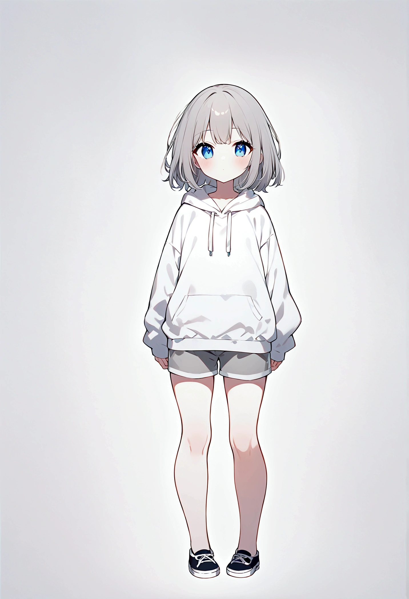 girl,Gray Hair,Blue Eyes,White hoodie,Grey shorts,whole body,front