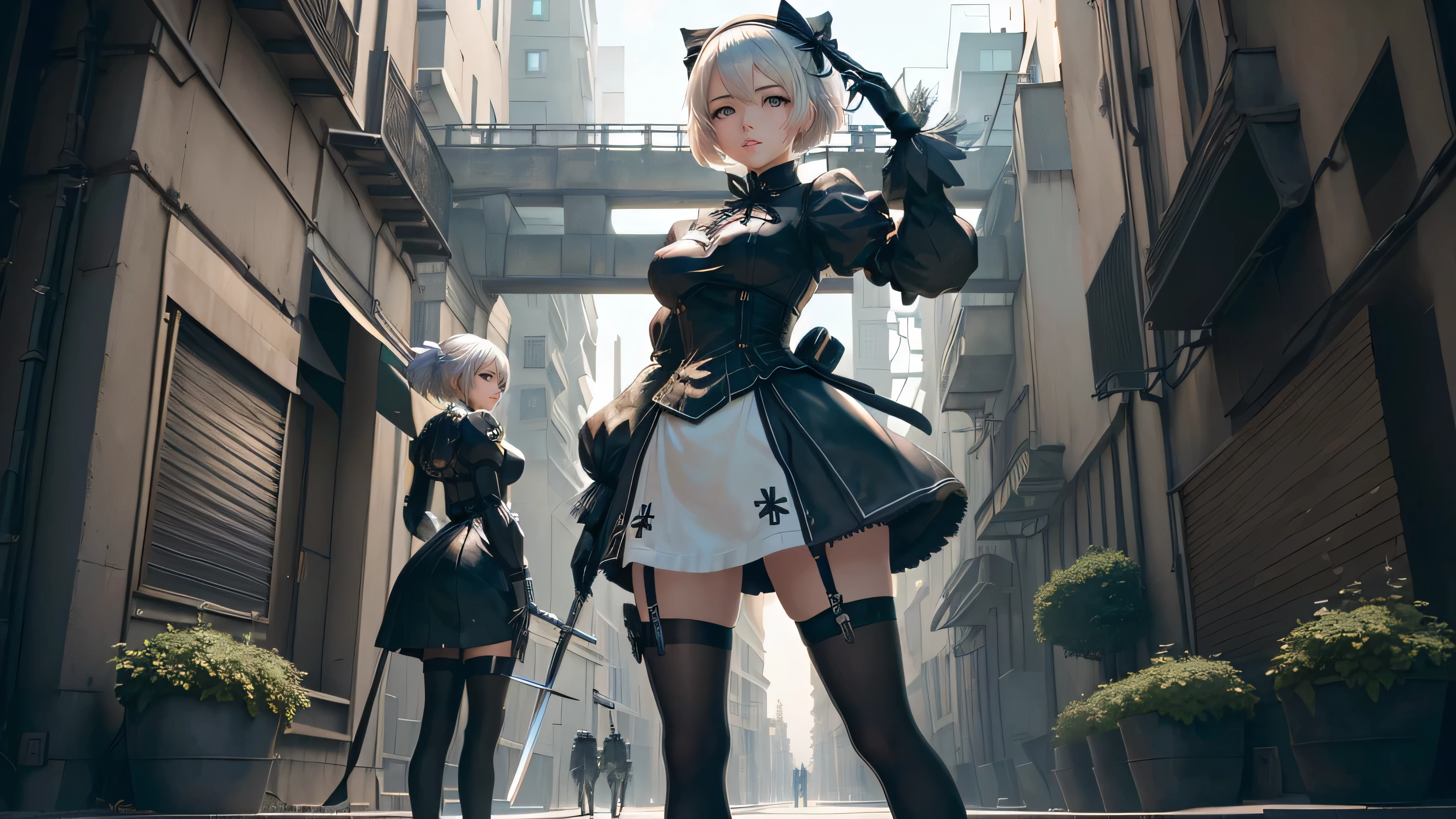 anime girl avec épée dans un décor de ville futuriste, 2 b, 2B, film still of 2B Nier Automates, plus inspiré, nier : automates inspirés, plus de formes, yeux rouge, une épée