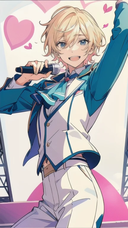 masterpiece, Best quality, absurdity, Tenshouin Eiichi, blond hair, short hair, Blue eyes, ,chill, have a microphone, happy, Smile at me, idol, ultra detailed, 1 boy, One, ensemble stars, on the stage, pink and white idol outfit, hearts, the ascot