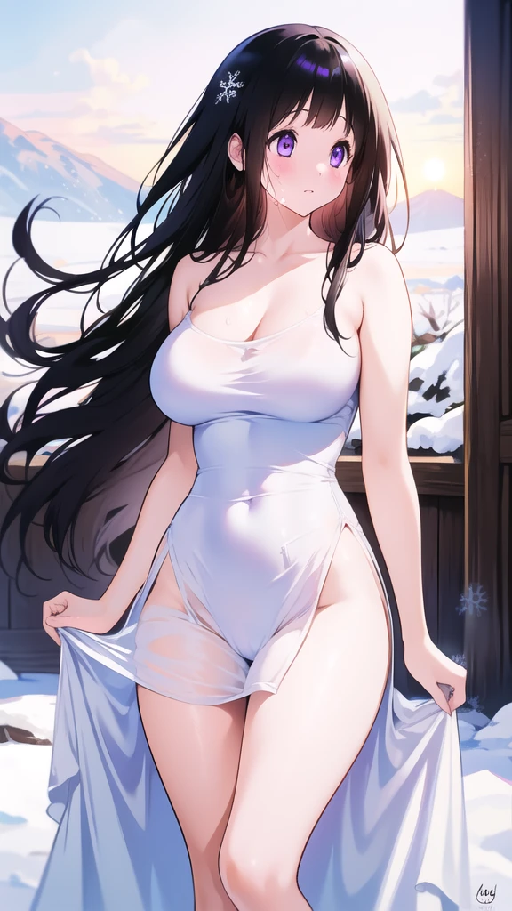 Chitanda,只有一个beautiful girl,Purple Eyes, Black Hair, Natural straight hair, Straight bangs,Extremely refined,open your lips,Face is so red,Very white skin,Skin as delicate as porcelain,Glowing skin,big eyes,Flowing long hair,beautiful girl, Like a dream,Slim,Slim waist,Soft, (Sensual), (Kawaii), Dream quality,Sweaty and sweaty,Wet skin,Side ,snowflake,Playing in the snow on the snow mountain,White transparent dress,Profile,(Completely naked),al groove,The outline of the breasts is vthrough clothing,Completely naked的背部,nacked hip close,Deep V neckline,Loose neckline,Beautiful big breasts,No pants,nop,Bare shoulders,There are no shoulder straps,Exposed collarbone,Delicate clavicle,Delicate hands and feet,Bare neck,There are no clothes around the neck,Bare thighs,Exposed groin,Camel toe,extremely shy,Ultra-high n, (masterpiece:1.2, best quality), (Delicate and beautiful eyes: 1.2), (Beautiful and delicate face)