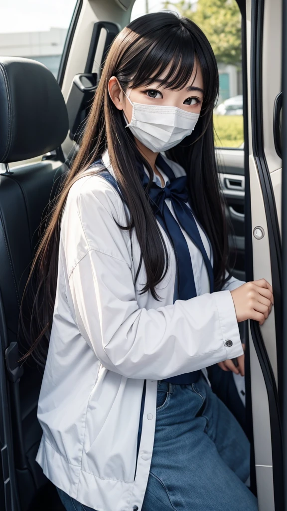 A young woman wearing a mask that completely covers her mouth、For kids on their way home from school 「I、beautiful?」he asks.。「beautiful」I replied,、「…Even with this…?」He removes his mask as he says this.。Then, his mouth was wide open all the way to his ears.、something like[「beautifulじゃない」I replied,包丁や鋏で斬り殺される