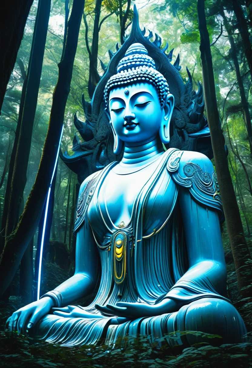 A real and terrifying work of art with an upside down,number effect, error effect,
effect error, blue neon lighting,white,yellow, very dazzlingly bright, and dazzling bright themes,
featuring mythical creatures, futuristic elements,
and gothic aesthetics,
a widow, with unique features like shining eyes, standing on a large buddha ornament, in an old forest,with giant statues all around,dramatic,ultra hd