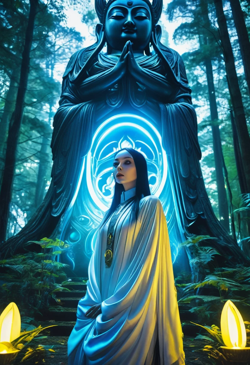 A real and terrifying work of art with an upside down,number effect, error effect,
effect error, blue neon lighting,white,yellow, very dazzlingly bright, and dazzling bright themes,
featuring mythical creatures, futuristic elements,
and gothic aesthetics,
a widow, with unique features like shining eyes, standing on a large buddha ornament, in an old forest,with giant statues all around,dramatic,ultra hd