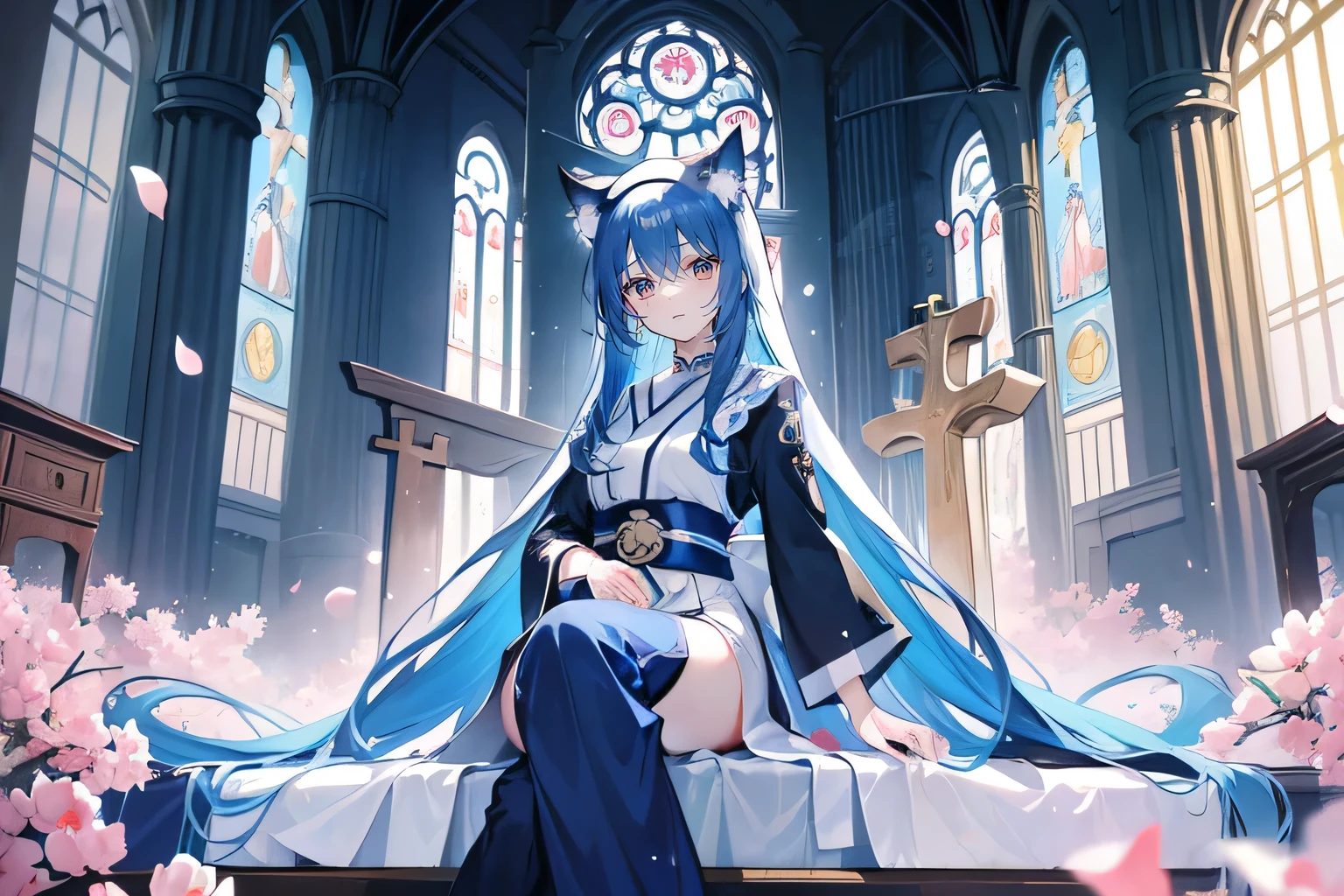 (masterpiece:1.2),Extremely detailed,Practical,expressive eyes,Fair skin,Perfect face shaping,1 Girl,
Japanese cartoons,Gorgeous blue hair, the long flowing blue hair,Floating clothes,Cat ears,Petals fall,beautiful lola,Young Angel,
Place your hands on your waist,sit elegantly on the ground,Cross your legs,Gentle and peaceful background,church,Nun&#39;s Clothes,back view,lie on the water,Large Breasts, H Cup, Good breasts, Place your hands on your waist,beautiful, Gorgeous,Japanese cartoons,girl,Lola,Hina Angel, Blue Hair, Blue Haired,Tent breasts, tent box, tent chest, Floating clothes,Grab your waist, Grab your waist, Hands on Hips , hands on hips,sit, sit on ground, Legs on the ground. 