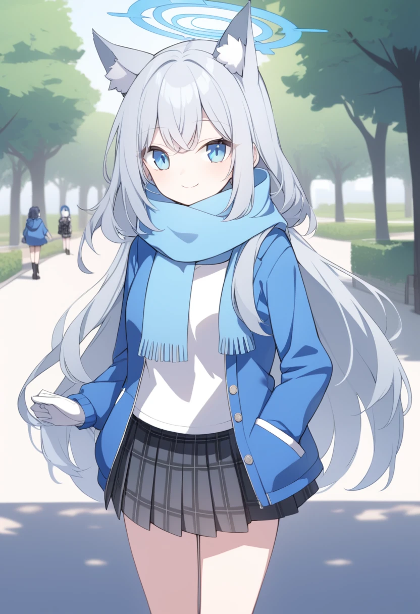 girl，Silver long hair, blue eyes, Wearing a blue hooded jacket,戴着Blue hood，A sky blue scarf, A white T-shirt, White gloves, And black plaid skirt, Standing in the park，Smile, blue halo，Blue hood，戴着Blue hood，Gray wolf ears