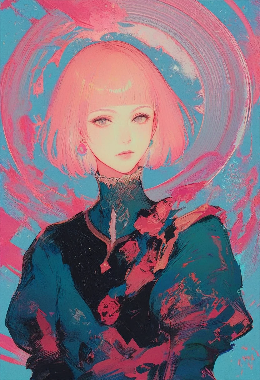 score_9, score_8_up, score_7_up, score_6_up, score_5_up, score_4_up, source_anime, 2.5D, delicate and dynamic depiction, pop art drawn only in fluorescent light blue, fluorescent pink and iridescent, cool beauty, bob cut with blunt bangs, attractive and seductive expression, loose clothing, great proportions, Infinite space fantasy wonderland, zero gravity, iridescent dust rises, paranormal effects