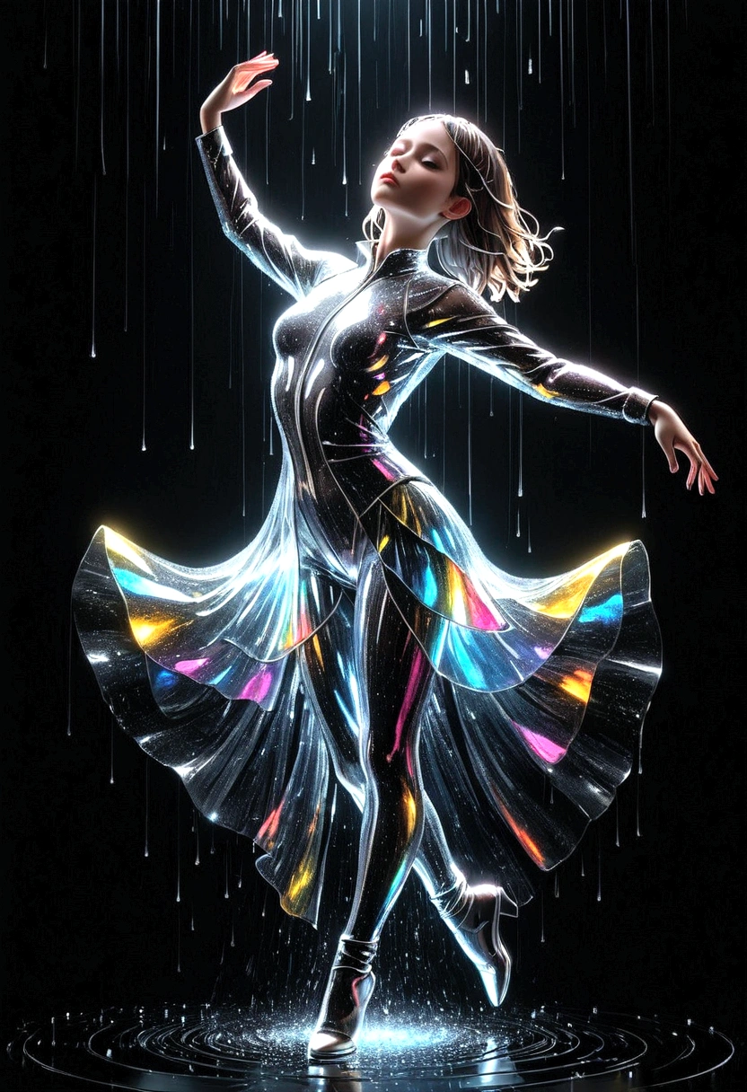 Dynamic representation, dance girl with Dynamic pose in three-dimensional light style of glassy translucence outfit , part of the outfit is Decomposing into light particles and flowing to the top,black background, powerful dynamic composition, v-Ray tracing ,C4D render ,rain