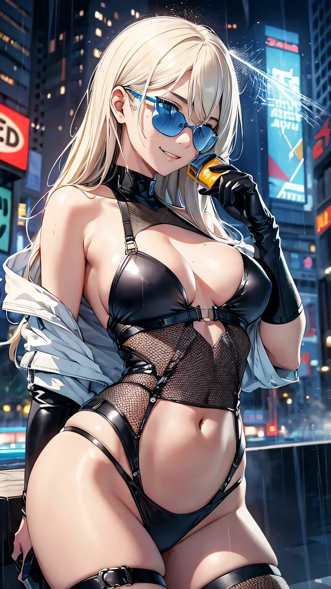 最high quality、Best image quality、masterpiece、With a girl((cute、、Best Bust、Medium Bust、Bust 85,Beautiful Blue Eyes、Spread your chest wide,Blonde lointail、Slender、The best valley、、Black Bikini、,Show the whole body、Black perforated gloves,Blue Mesh,Leaning forward greatly、Blue Sports Sunglasses、Blue Intercom,Sweating profusely、Face Paint、Grin、Holding a spray can))high quality、Beautiful art、background((Night City、heavy rain、thunder)),Tabletop、Exquisite design、Visual Arts、Depth of written boundary、Best lighting、Highest detail、8k