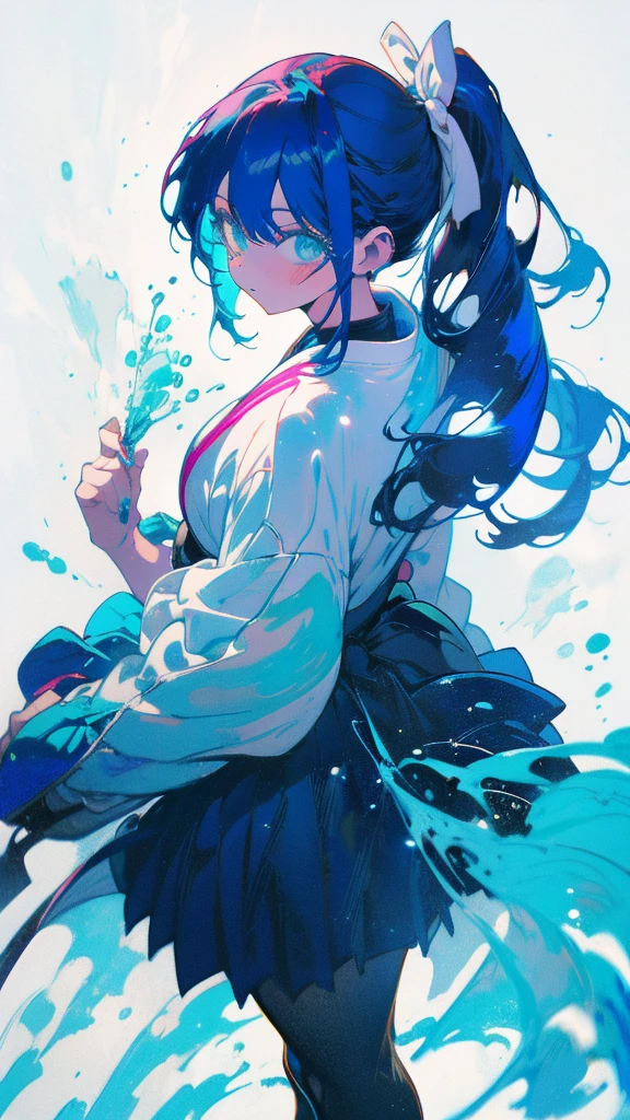 Blue-haired side ponytail,Design clothing,Seven-doppelganger shot,Anime style 4K,Anime girl with teal hair,High quality anime art style,Standing painting,Splash ink background,Blue Themes、Pure white background,Buildings,Fuji Mountain
