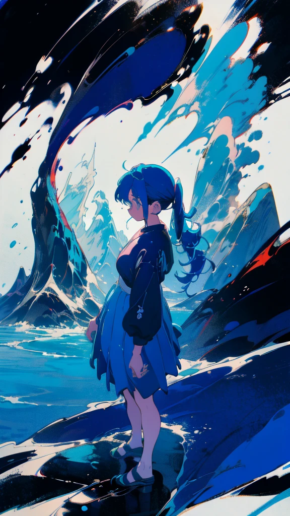 Blue-haired side ponytail，Design clothing，Seven-doppelganger shot，Anime style 4K，Anime girl with teal hair，High quality anime art style，Standing painting，Splash ink background，Blue Themes、Pure white background,Buildings,Fuji Mountain