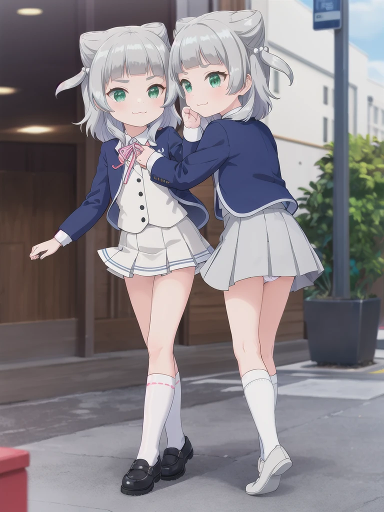Highest quality,masterpiece,2person,hetero,Outdoor,((School building)),1girl,Green Eyes, Grey Hair, hair ornaments, bangs, Virtual YouTuber, blunt bangs, Double Bang, Animal ears, Flat Chest,uniform,Navy Blue Blazer,White shirt,Pink ribbon,Grey Skirt,Pink Panties,White long socks,Black low heels, :3,{{{{1boy,Put your face in the skirt}}}}