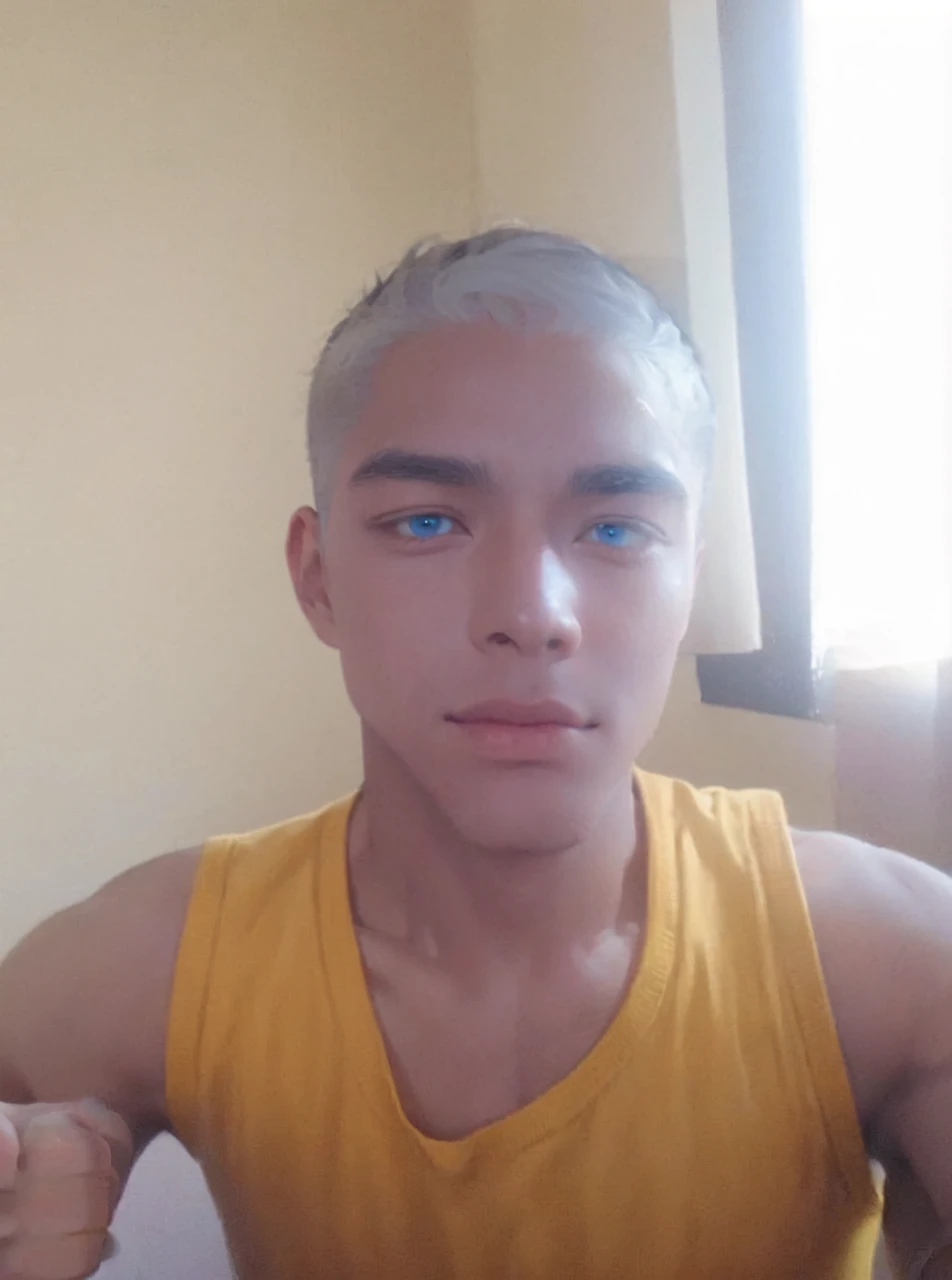 Incrs404,english text,Written On Clothes,1male,portrait,satoru gojo,white hair,short hair,hair between eyes,blue eyes,colored eyelashses,(thumbs_up:1.4),(cowboy_shot:1.3),