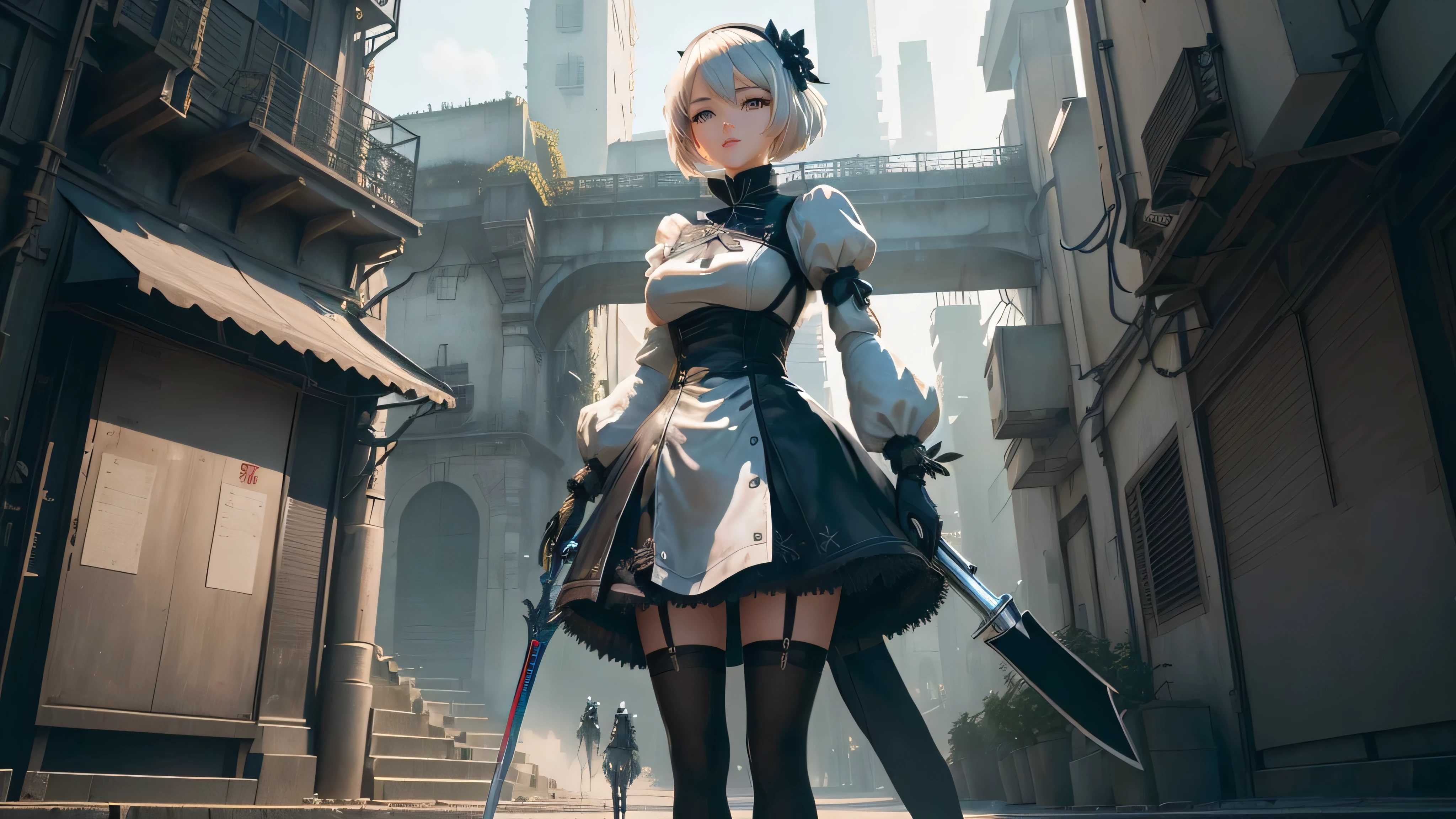 anime girl avec épée dans un décor de ville futuriste, 2 b, 2B, film still of 2B Nier Automates, plus inspiré, nier : automates inspirés, plus de formes, yeux rouge, une épée, ratio 16/9