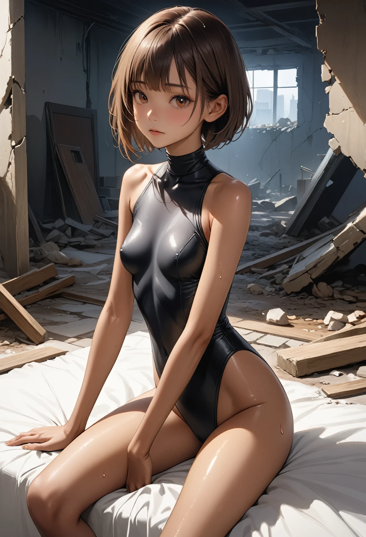 (masterpiece,Highest quality:1.3,best quality illustration,realistic),cowboy shot,1woman,30 year old Japanese beauty,Special Forces Female Soldier、((very small head:1.2)),brown short bob hair,bangs,brown eyes,gorgeous eyes,shy,small breasts,((very long body:1.2)),((toned body,slender body,skinny,tan skin)),(Black turtleneck and high leg leotard、No sleeve),gleaming skin,shiny skin,sweat,sitting,spread legs,Simple bed、The collapsed bedroom、Collapsed building、ruins、night、