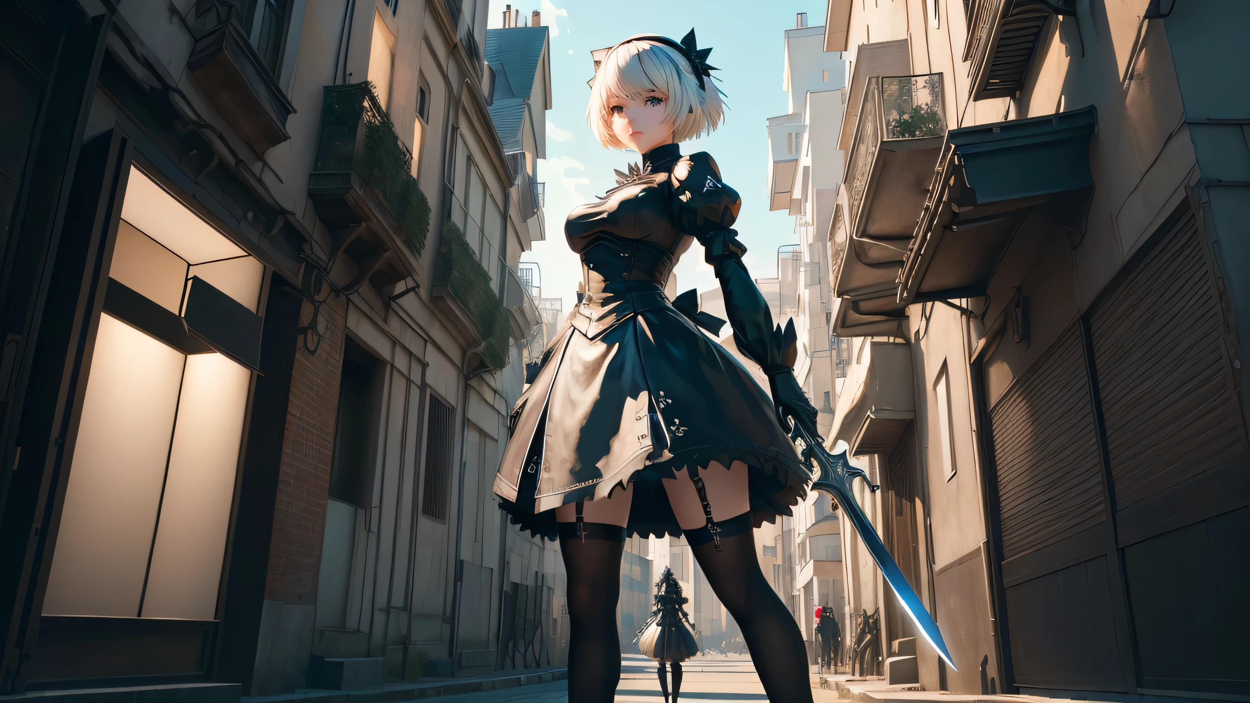 anime girl avec épée dans un décor de ville futuriste, 2 b, 2B, film still of 2B Nier Automates, plus inspiré, nier : automates inspirés, plus de formes, yeux rouge, une épée