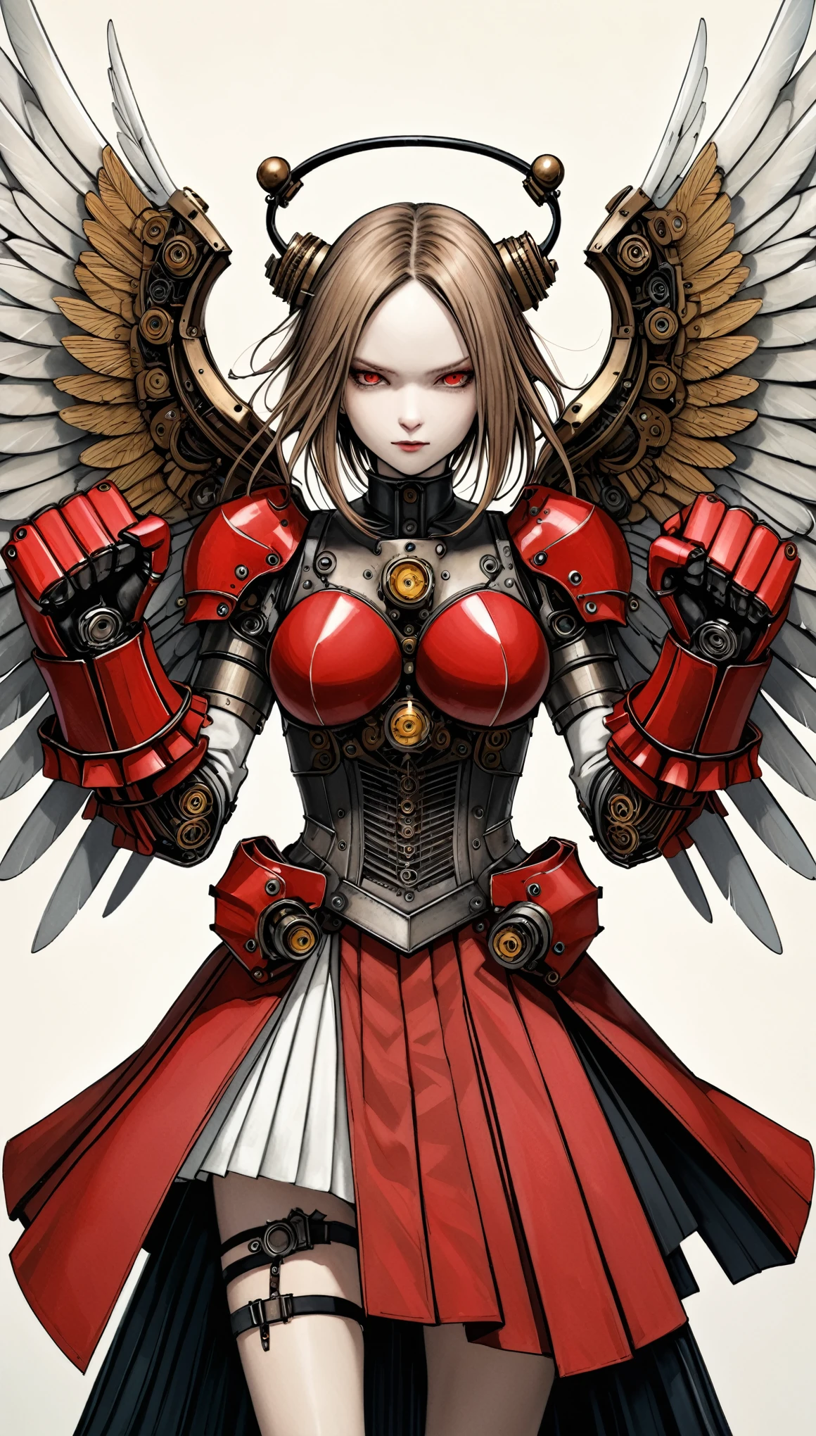 in style of Santiago Caruso,
mechanical angel wings,mechanical_halo,1 girl,mechanical wrist,mechanical skirt with pleated skirt,(huge makeover mechanical fists:1.5),the fist flashed red,