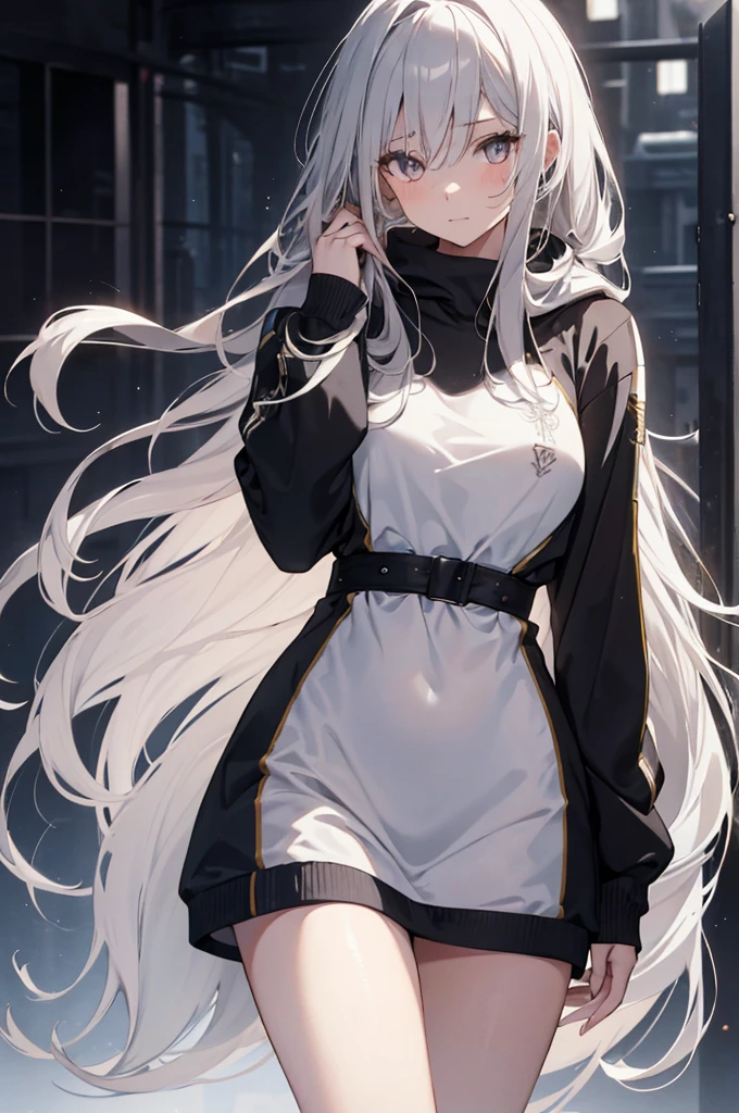 1girl, {Solitary}, Upper Body ,{{ {Watching at viewer}}}, Arms at your sides, Concept Art, white Background, simple Background, White hair, Silver gradient hair , Composite cloth, Asymmetrical clothes, Virtual YouTuber, best quality, masterpiece, Dynamic Angle, , cowboy_shooting, Watching_Back, grab, girl,Miss,woman, young,20 years old, Very long hair, Hair Flip, Silver Hair, Flowing hair, Ahog, giggle, Beautiful and delicate golden eyes, teeth, Large Breasts, Blonde eyes, White skin, hoodie, Black_shorts, Gray clothes, transparent_Background, Backlighting, absurd, high resolution, Extremely detailed,sweater,No pants,Waist