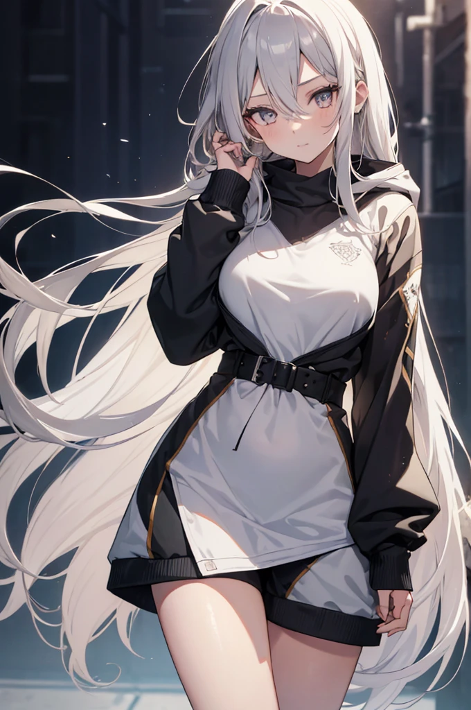 1girl, {Solitary}, Upper Body ,{{ {Watching at viewer}}}, Arms at your sides, Concept Art, white Background, simple Background, White hair, Silver gradient hair , Composite cloth, Asymmetrical clothes, Virtual YouTuber, best quality, masterpiece, Dynamic Angle, , cowboy_shooting, Watching_Back, grab, girl,Miss,woman, young,20 years old, Very long hair, Hair Flip, Silver Hair, Flowing hair, Ahog, giggle, Beautiful and delicate golden eyes, teeth, Large Breasts, Blonde eyes, White skin, hoodie, Black_shorts, Gray clothes, transparent_Background, Backlighting, absurd, high resolution, Extremely detailed,sweater,No pants，Waist