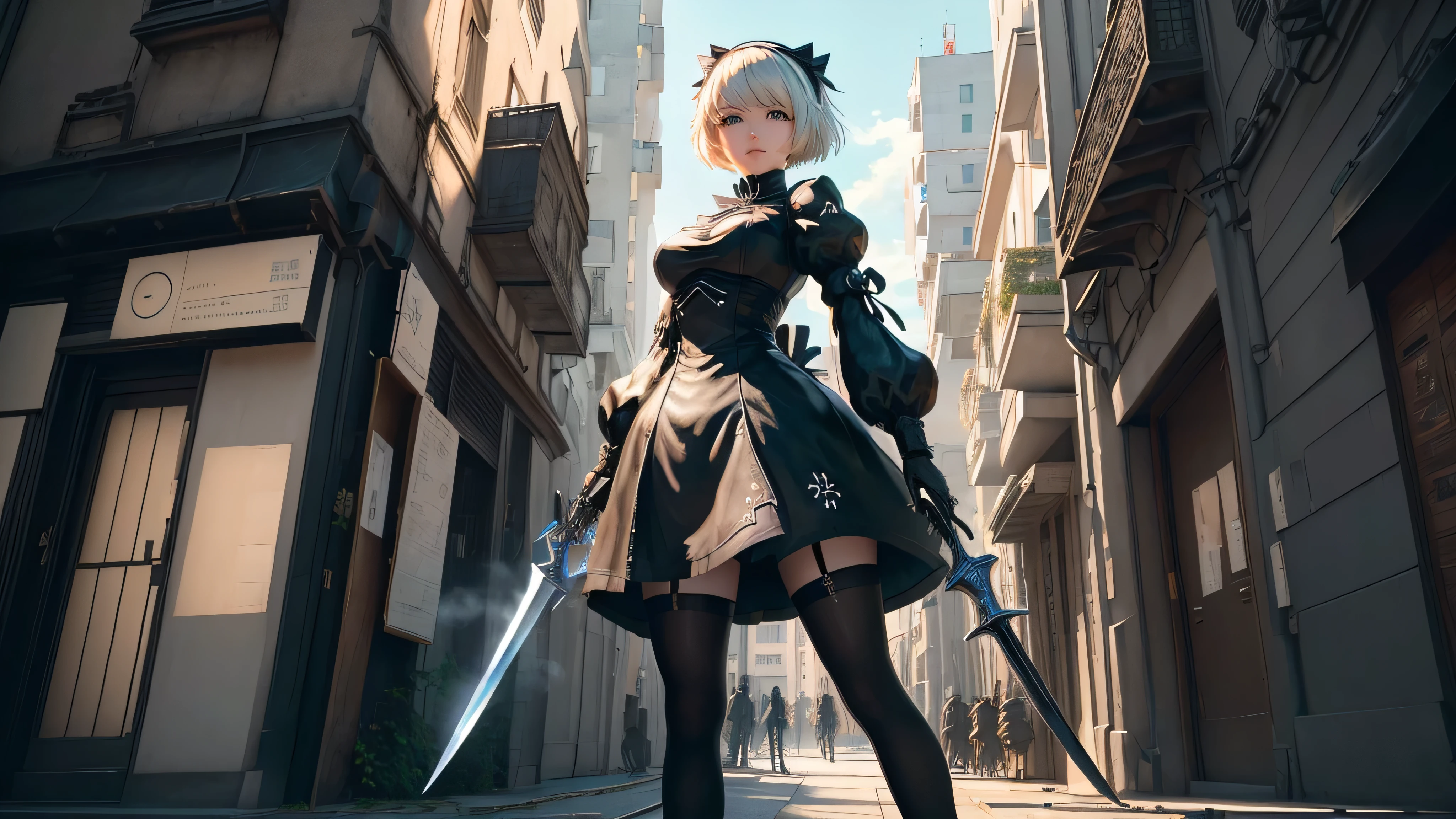 anime girl avec épée dans un décor de ville futuriste, 2 b, 2B, film still of 2B Nier Automates, plus inspiré, nier : automates inspirés, plus de formes, yeux rouge, une épée