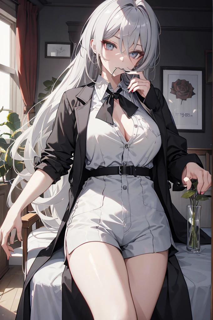 3D real woman with beautiful gray hair, sharp eyes, fierce, Korean style, wearing an unbuttoned shirt and pretty shorts, holding a rose in her mouth, sitting in a charming pose on a chair in the house, in front of the window.