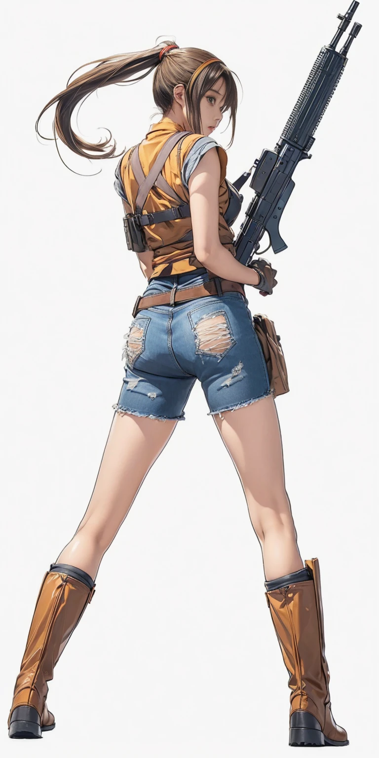 Elaizaikedareal, 1girl, solo, short hair, skirt, blonde hair, red eyes, gloves, ponytail, weapon, pantyhose, hairband, boots, holding weapon, gun, black pantyhose, rifle, one knee, sniper rifle, scope, shell casing