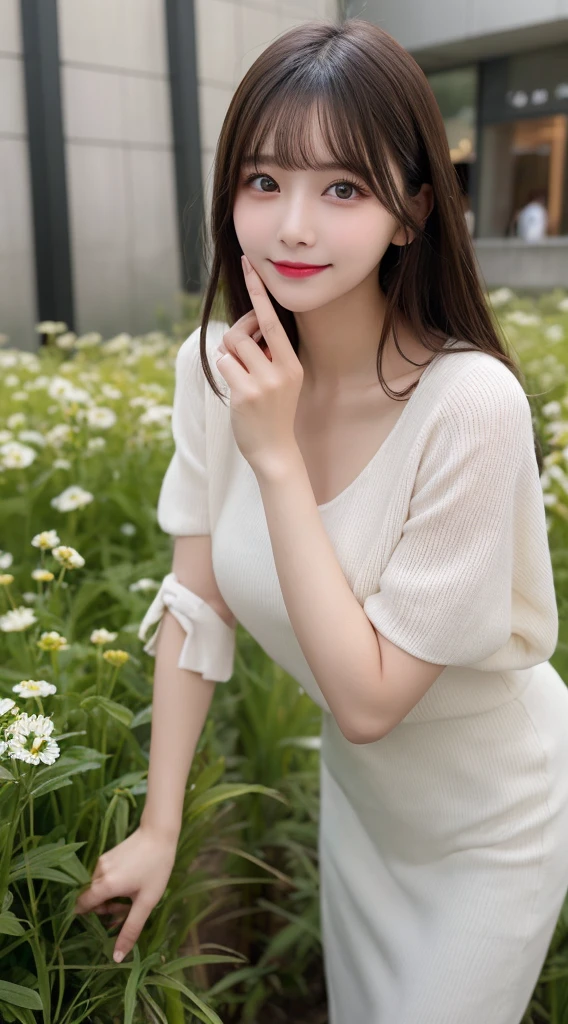 Tabletop, Highest quality, shape, Very detailed, finely, High resolution, 8k wallpaper, 完璧なダイナミックな構shape, Beautiful and exquisite,ランダムなcute髪,,Natural color lip, 20-year-old girl、cute、Looking into the camera,Always blur the background,Perfect and beautiful face,Slim face and figure,Big eyes、Putting on gal makeup,Small face,Shooting from below、smile,Blurred Background,Elegant feminine face、Cyberpunk Fashion、smile、Change pose randomly、Randomly change the shooting angle and position、Flower Field、Cyberpunk Fashion,Normal anatomy