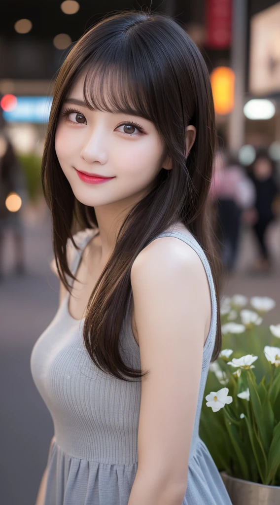 Tabletop, Highest quality, shape, Very detailed, finely, High resolution, 8k wallpaper, 完璧なダイナミックな構shape, Beautiful and exquisite,ランダムなcute髪,,Natural color lip, 20-year-old girl、cute、Looking into the camera,Always blur the background,Perfect and beautiful face,Slim face and figure,Big eyes、Putting on gal makeup,Small face,Shooting from below、smile,Blurred Background,Elegant feminine face、Cyberpunk Fashion、smile、Change pose randomly、Randomly change the shooting angle and position、Flower Field、Cyberpunk Fashion,Normal anatomy