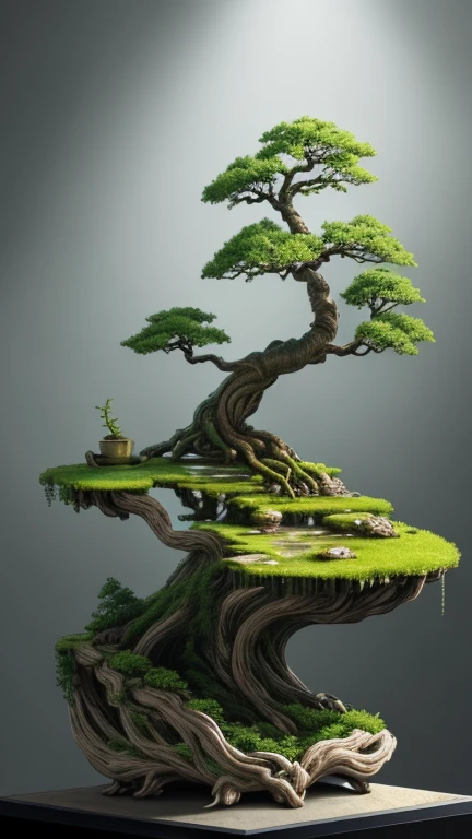best quality, realistic, photorealistic, two bonsai with stems pointing sideways and downwards, green, yellow, "wrapped around white roots with lots of roots wrapped around" mountains "unique pots of tree trunks and reliefs and steep cliffs"
((Miniature landscape)),(Elf architecture in the film Lord of the Rings), Divine Tree,
very detailed carving "pot with root relief",
Ultra wide angle, Accent Lighting, Volumetric Lighting, backlight, (detailed light),((very subtle and beautiful)),dramatic_shadow,ray_tracing,hdr