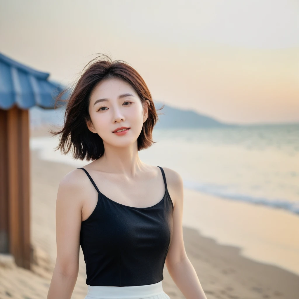Close up of beautiful Korean woman, Chest size 34 inches, Wear rolled-up sleeveless tops, light skirt, sunset on the beach，바다에 잔광이 비치네sunset on the beach 붉은 태양，A strong lingering scent is reflected in the sea., Beautiful 46-year-old short Korean woman, Short medium hair blowing in the wind,Full-body photo taken from afar with a wide-angle lens, The background is clean and perfect., waves moved by the wind, Best high definition UHD