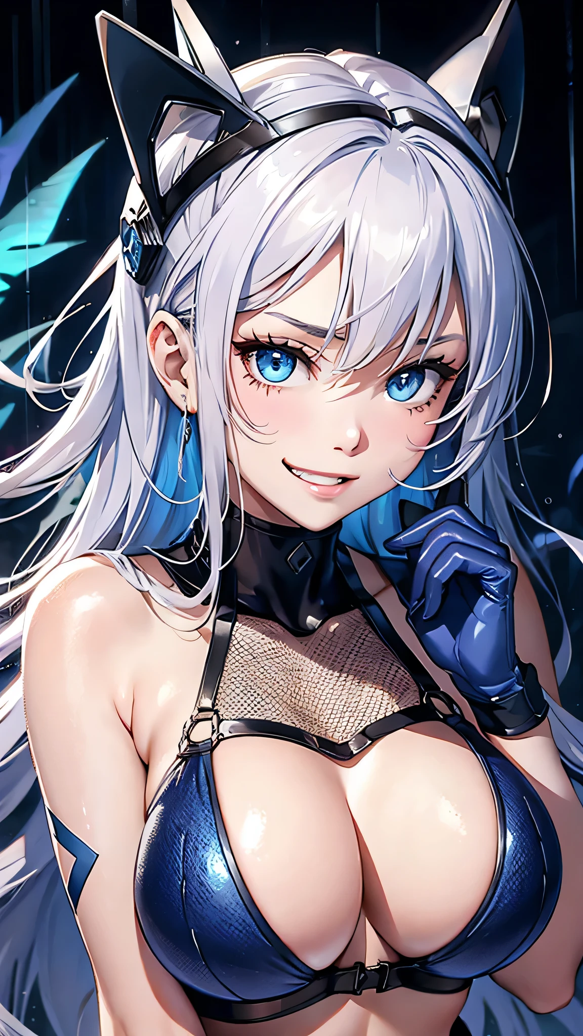 最high quality、Best image quality、masterpiece、With a girl((cute、、Best Bust、Medium Bust、Bust 85,Beautiful Blue Eyes、Spread your chest wide,Blonde lointail、Slender、The best valley、、Black Bikini、,Show the whole body、Black perforated gloves,Blue Mesh,Leaning forward greatly、Blue Sports Sunglasses、Blue Intercom,Sweating profusely、Face Paint、Grin、))high quality、Beautiful art、background((Night City、heavy rain、Lightning strikes、squirt)),Tabletop、Exquisite design、Visual Arts、Depth of written boundary、Best lighting、Highest detail、8k