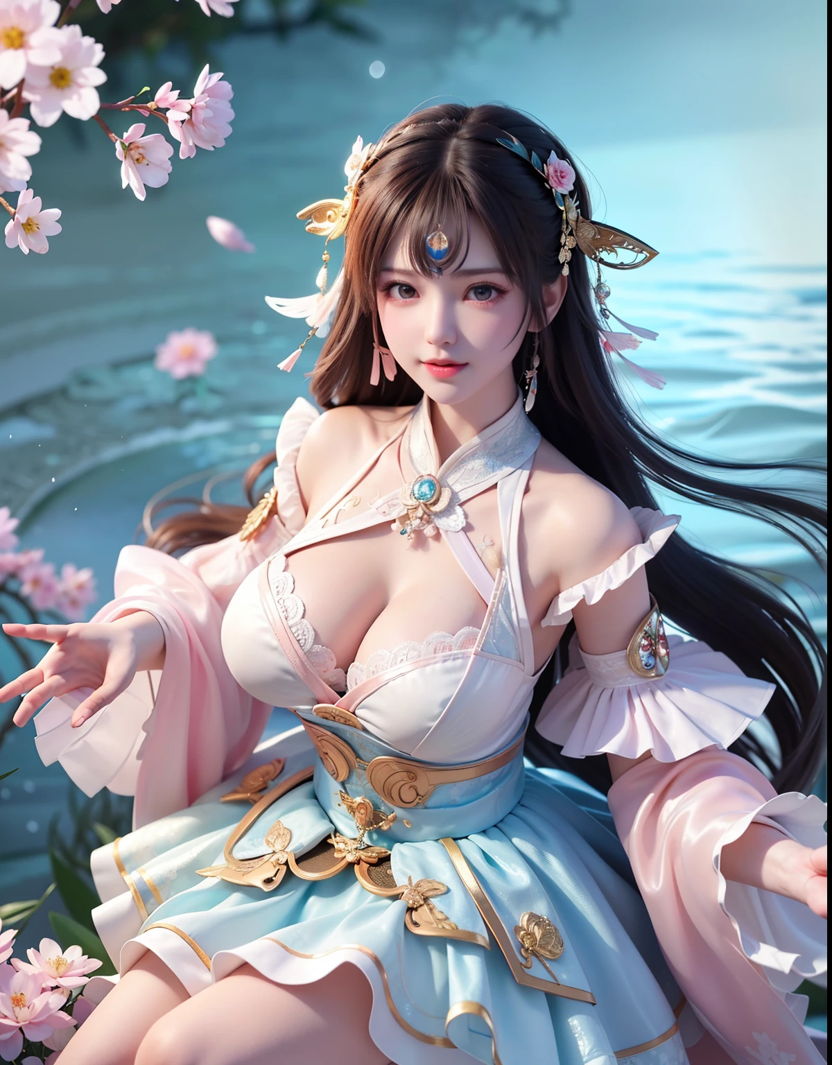 (8k, RAW photo:1.2), best quality, ultra high res,dramatic angle,(fluttered detailed color splashs), (illustration),(((1 girl))),(long hair),(rain:0.9), (Headdress:1.4),There is an ancient palace beside the girl,Hanfu,(Key Points),Color ink painting,(Splash of Color),Splash of Color,(((colorful))),(sketch:0.8) , Masterpiece, best quality, beautiful painted, highly detailed,(denoising:0.6),[splash ink],((ink refraction)), (beautiful detailed sky),moon,highly,detaild,(masterpiece, best quality, extremely detailed） CG Unity 8k Wallpaper，masterpiece，best quality，Ultra Detailed），（Lycoris）.shoulder ballet dress open V-chested clothes Thin silk lace dress short skirt , (huge ，cleavage),, white pink, blue ，best qualtiy，tmasterpiece，Ultra-high resolution，（Reality：1.4），RAW photogr，（True skin texture：1.3），（filmgrain：1.3），（Selfie angle），1个Giant Breast Girl，Beautiful eye and face details，tmasterpiece，Best quality at best，，The chest more exposed， detailed hair, bra pink , detail 8k, full body, lace petticoat, fan handle
